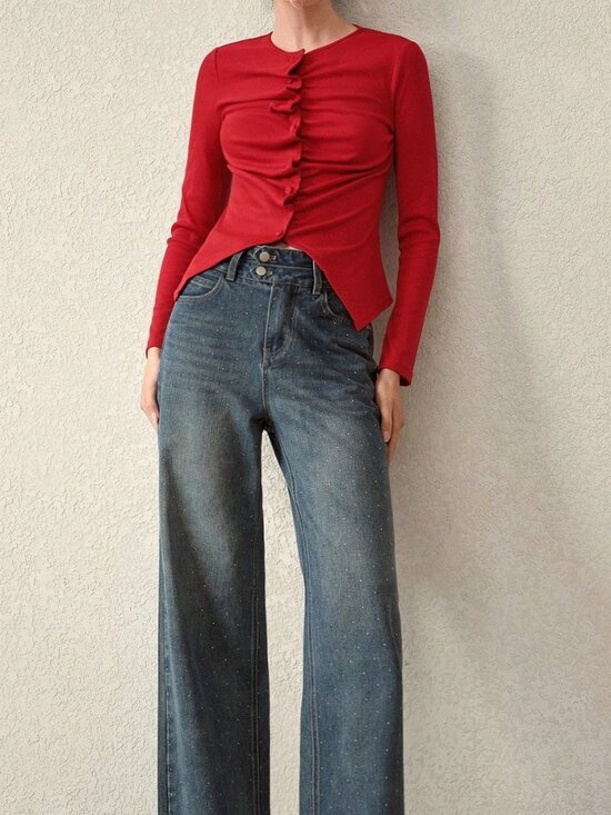 MODA ME COUTURE Tops - Red Casual Women's Ruched Knit Long Sleeve T-Shirt